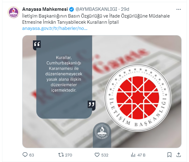 Anayasa mahkemesi X hesabından paylaşılan tweet