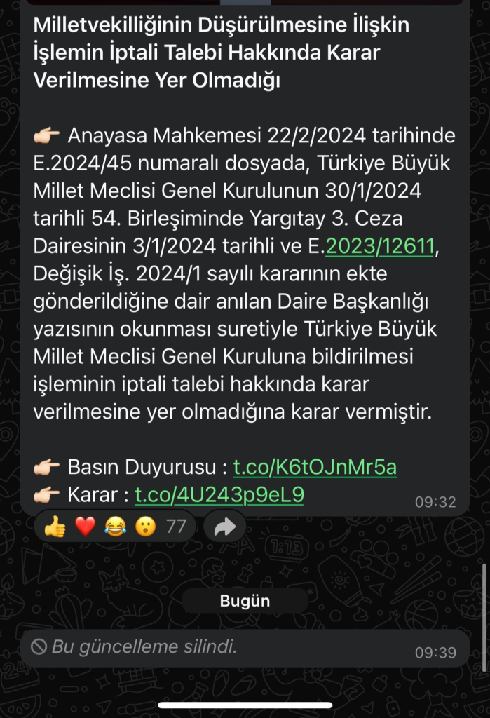 Anayasa mahkemesine bağlı Whatsapp duyuru kanalı